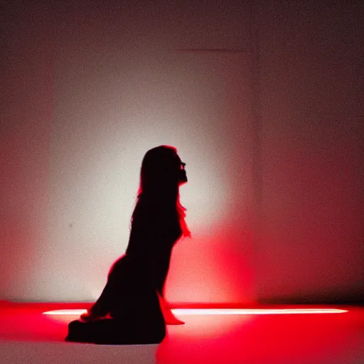 Prompt: she stands in the room, the red light from above defines her perfect shape in the shadow she casts across the floor below