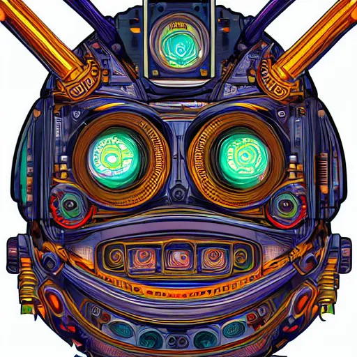 Prompt: hyperdetailed portrait of a multicolored spaced out steampunk robot head, 8 k, symetrical, halluzinogenic, meditative, vector art, black background