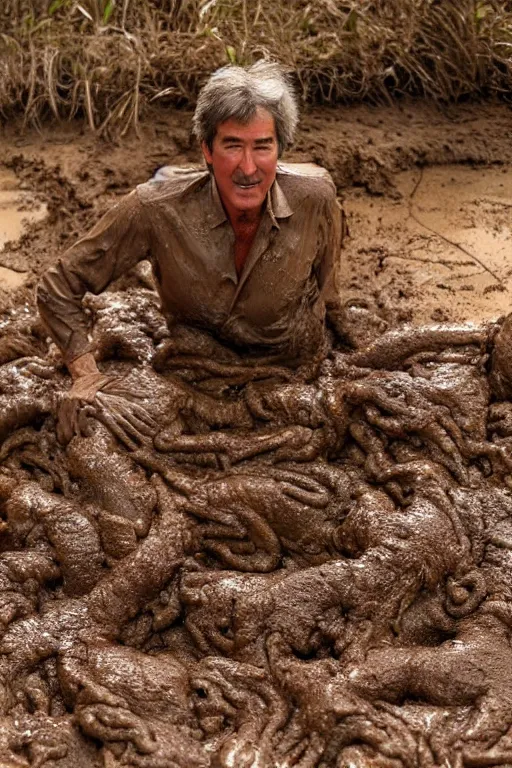 Image similar to randy mantooth covered in mud crawling inside a giant intestine, 4 k, high definition,