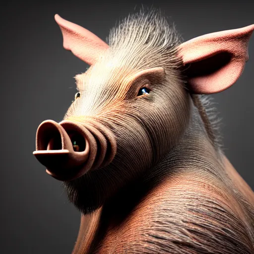 Prompt: beautiful humanized boar - girl, beautiful face, in full growth, studio shot in style, professional photographer, many details, super realistic, high quality, 8 k