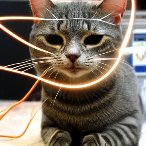 Prompt: a humanoid cat just discovered electricity.