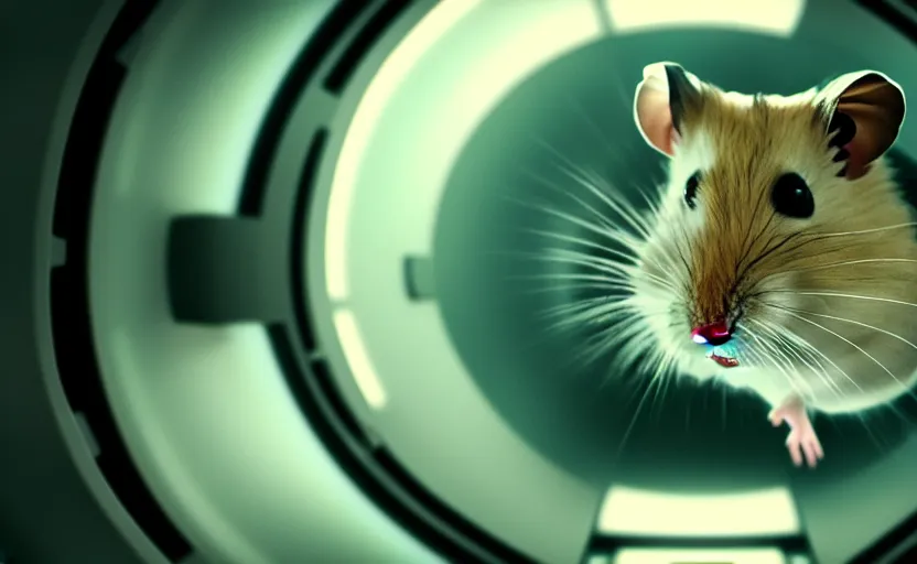 Image similar to hamster, inside a spaceship, movie still, star wars, cinematic, sharp focus, cinematic lighting, 8 k