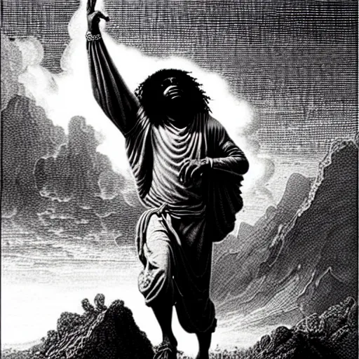 Prompt: cheef keef ascending into heaven holding pounds of weed bags, biblical image, style of gustave dore, highly detailed, beautiful, high contrast, black and white