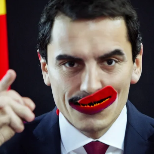 Image similar to pedro sanchez ( president of spain ) dressed as dracula at a press conference