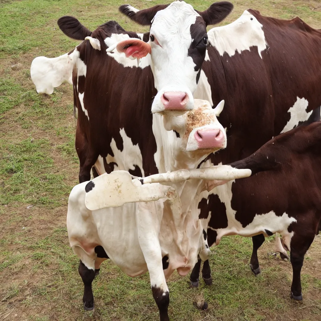 Image similar to a single cow with very large udders, she is spraying milk everywhere