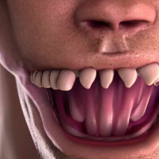 Image similar to extreme closeup photo of a man with a very wide open mouth with a skull inside his mouth, 3D render,subsurface scattering,global illumination,raytracing,studio lighting,cinematic,photorealistic,4k, UHD, HDR