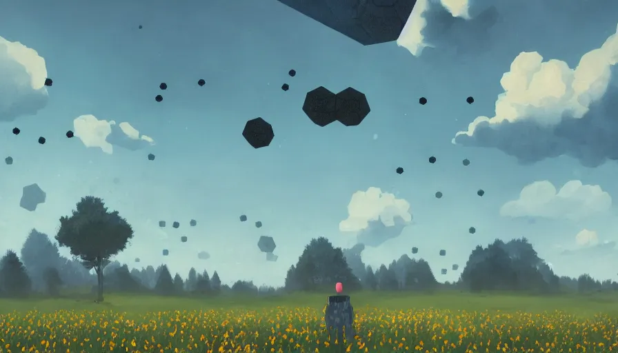 Prompt: sky full of huge black hexagons, no clouds, field with grass and flowers, big tree, person, matte painting, art station, blue sky, simon stalenhag
