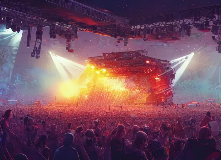 Image similar to ultra realistic, view of the mainstage of defqon 1 music festival in 2 0 5 0 by concept art by james jean, andrei riabovitchev, marc simonetti, yoshitaka amano, artstation, futuristic, octane render, sharp focus cinematic lighting, dramatic perspective, highly detailed, ultra realistic, masterpiece, 4 k, 8 k