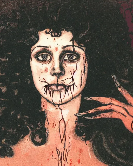 Image similar to a handsome but creepy, sinister, smiling young woman, with haunted eyes and curly hair, wearing punk clothing, 1 9 7 0 s, seventies, wallpaper, a little blood, moonlight showing injuries, delicate embellishments, painterly, offset printing technique, by brom, robert henri, walter popp