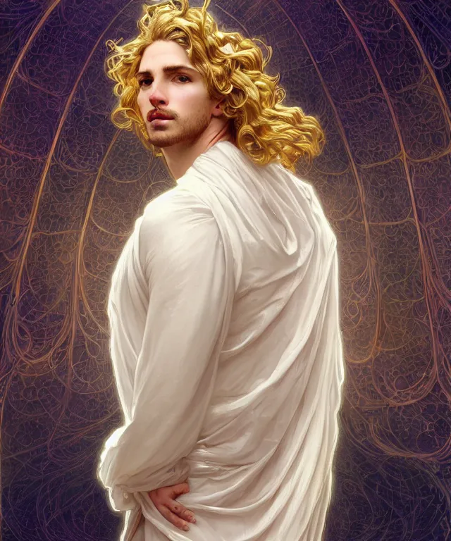 Image similar to fullbody symmetrical portrait of a beautiful young fit male angel with curly blond hairs, full dressed in long fluent clothes, majestic big dove wings, luminous halo, by greg rutkowski and alphonse mucha, gradient white to gold, in front of an iridescent background, highly detailed portrait, digital painting, artstation, concept art, smooth, sharp focus illustration