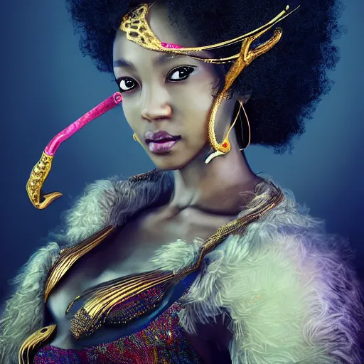 Prompt: the portrait, masked beautiful swahili female violinist, exotic costumes, gold jewelry, black curly afro hair, ultra realistic, illustration by wenjun lin, irakli nadar, bright colors, octopath traveler, wenjun lin, unreal engine 5 highly rendered, global illumination, radiant light, detailed and intricate environment