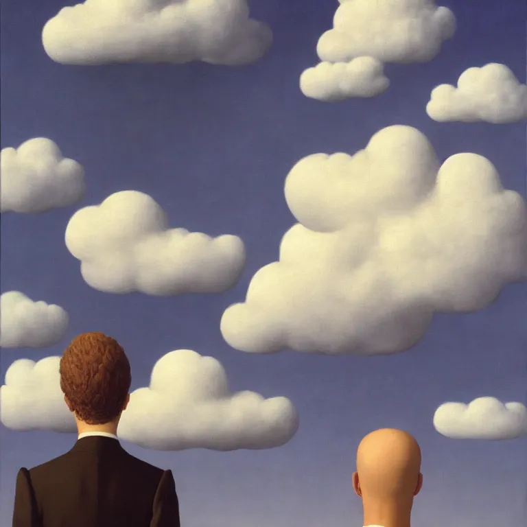 Image similar to cloud - man, by rene magritte, centered, detailed painting, hd, hq, high resolution, high detail, 4 k, 8 k