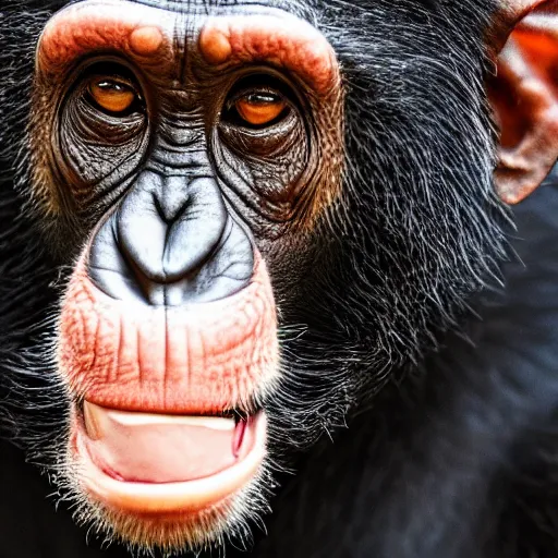 Image similar to a high detail closeup shot of a chimp wearing a suit, smoking a cigar