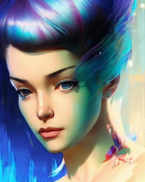 Image similar to cute - fine - face, pretty face, oil slick hair, realistic shaded perfect face, extremely fine details, by realistic shaded lighting, dynamic background, poster by ilya kuvshinov katsuhiro otomo, magali villeneuve, artgerm, jeremy lipkin and michael garmash and rob rey, and silvain sarrailh