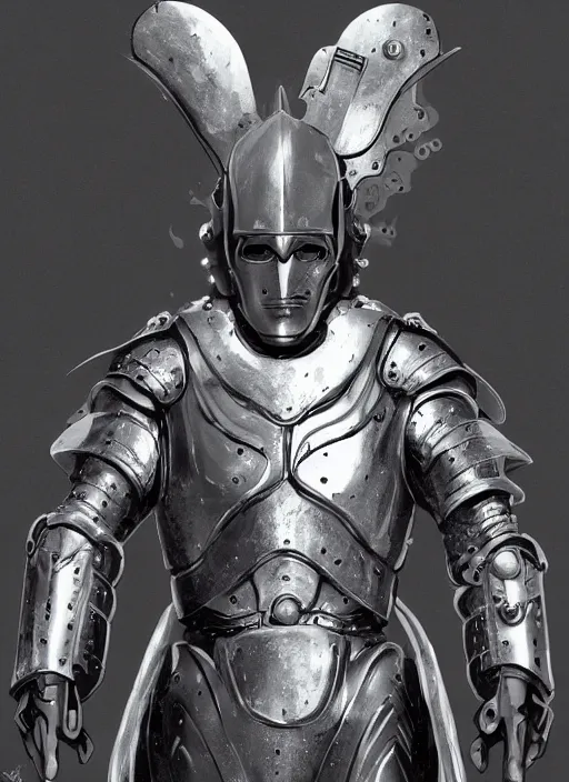 Image similar to powerful male tin man, christian bale as tinman, full body character concept, covered in full metal armor, plating, art nouveau, super powers, fantasy, intricate, elegant, highly detailed, digital painting, artstation, concept art, shining, sharp focus, illustration, art by stanley lau