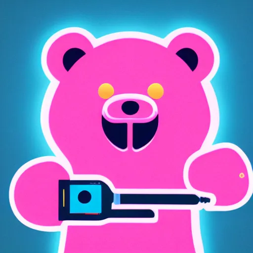 Image similar to iconic vector logo of cute cuddly pink bear with a podcast microphone, melodic, headphones, music, streaming, dreamy, isometric, adorable, octane render, golden ratio, 4k UHD, iconic design