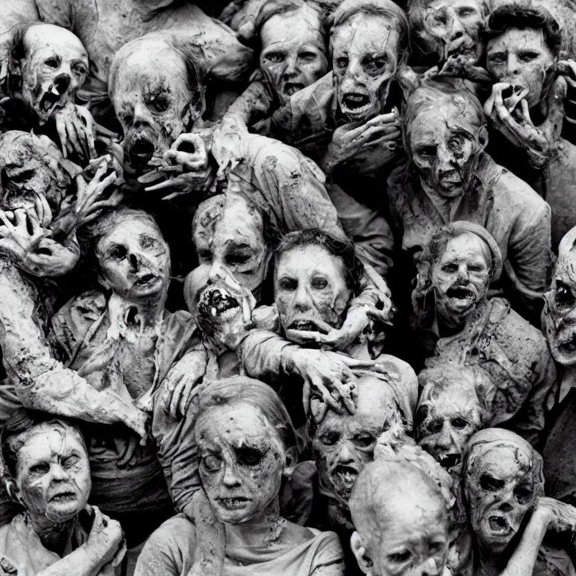 Image similar to group of deformed irradiated people with acute radiation sickness flaking, melting, rotting skin wearing 1950s clothing background a 1950s nuclear wasteland. Photo is black and white award winning photo highly detailed, highly in focus, highly life-like, facial closeup taken on Arriflex 35 II, by stanley kubrick