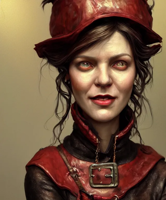 Image similar to hyperrealistic mixed media painting of a beautiful grinning charasmatic female rogue, dimly lit cozy tavern, crimson leather tunic, confident relaxed pose, d&d, stunning 3d render inspired art by Tim Okamura and Lise Deharme + perfect facial symmetry + dim volumetric lighting, 8k octane beautifully detailed render, post-processing, extremely hyperdetailed, intricate, epic composition, grim yet sparkling atmosphere, cinematic lighting + masterpiece, trending on artstation, very very detailed, masterpiece, stunning