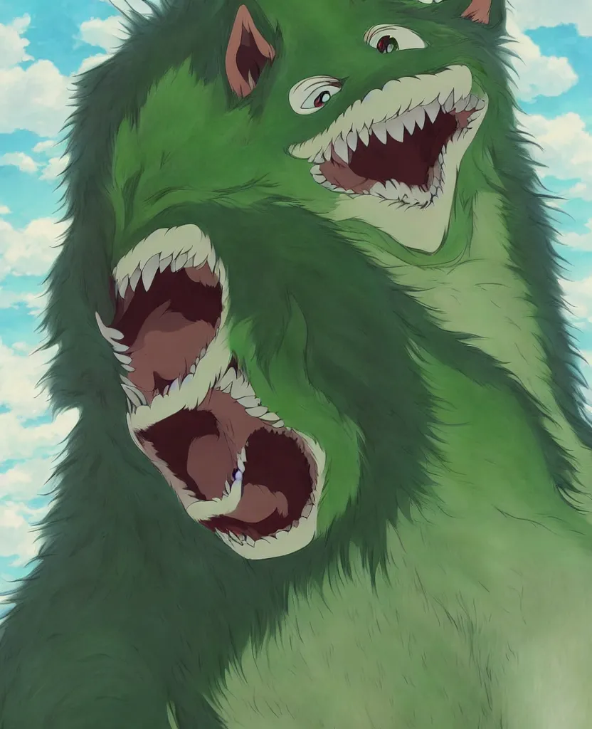 Image similar to beautiful painting from the anime film by studio ghibli, green anthropomorphic wherewolf human hybrid, drooling teeth bared, fur, trending on artstation