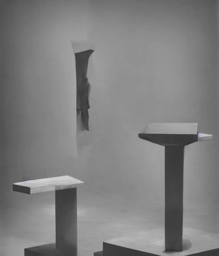 Prompt: a studio packshot of the fountain readymade by marcel duchamp on a pedestal in an empty museum room, contemporary sculpture, color bleed, light leak, marcel duchamp, man ray, lorenzo vitturi