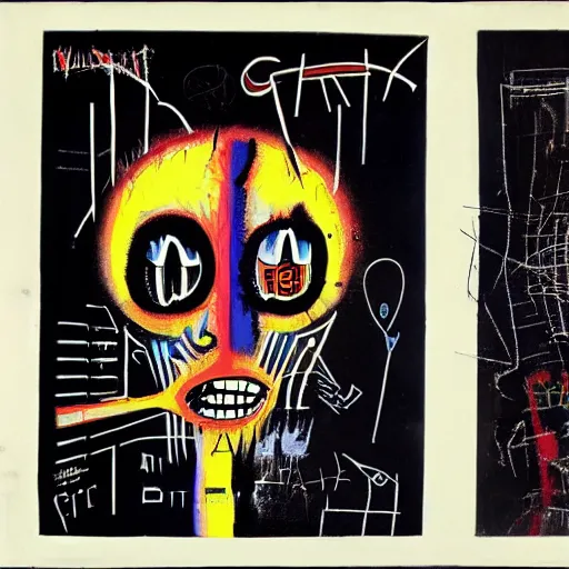 Prompt: album art designed by Giger and Basquiat for a colorful dark wave band.