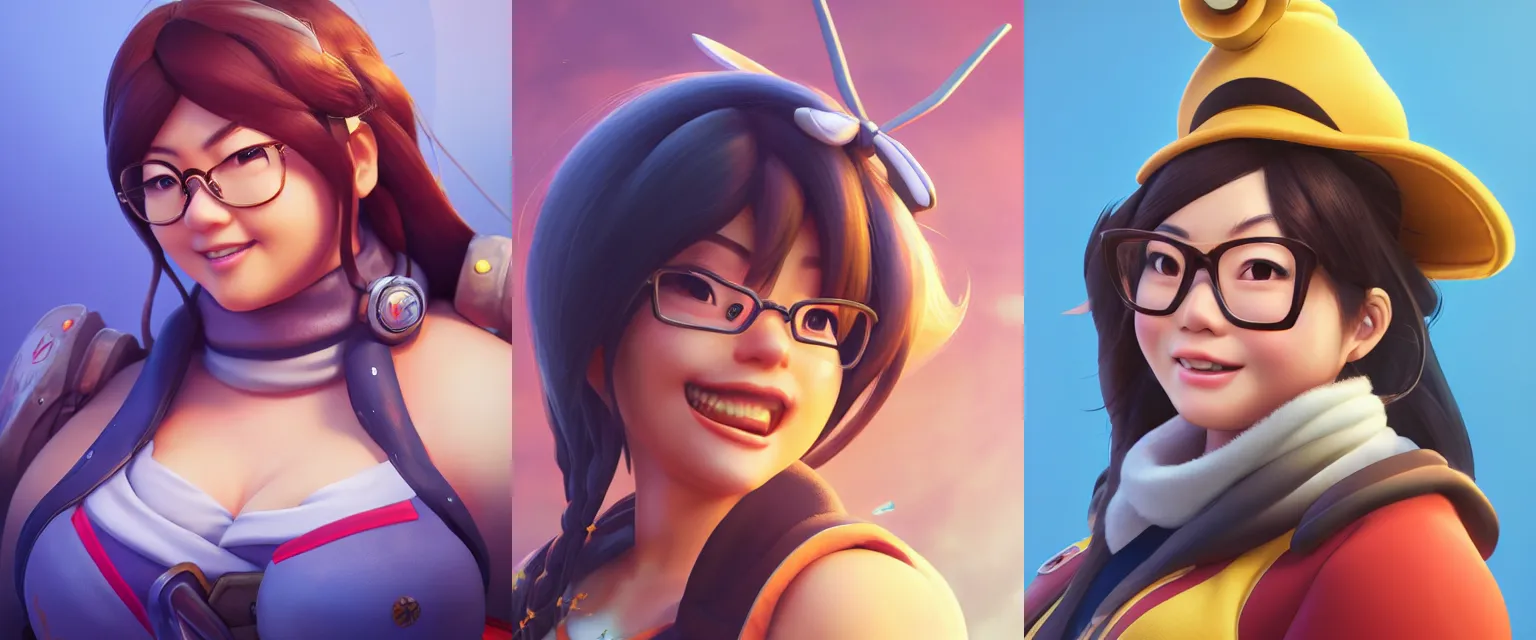 Prompt: hyperdetailed beautiful waist-up portrait of mei from overwatch as a disney pixar character, hd detailed texture, excellent 3D render, 8k, octane render, soft lighting, hyperrealistic, sharp focus, golden hour, specularity, reflections, Mei-Ling Zhou, chubby