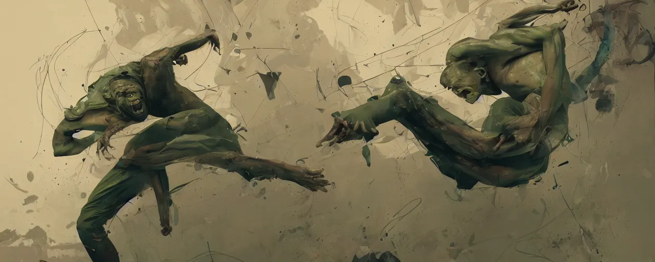 Image similar to duotone olive green grey illustration 3 / 4 portrait of gollum breakdancing wildly. dynamic chaotic composition accidental renaissance golden ratio. by sachin teng and sergey kolesov and ruan jia and heng z. graffiti art, scifi, fantasy, hyper detailed. octane render. concept art. trending on artstation