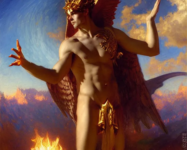 Image similar to attractive pagan male deity, summoning handsome lucifer morning star. highly detailed painting by gaston bussiere, craig mullins, j. c. leyendecker 8 k