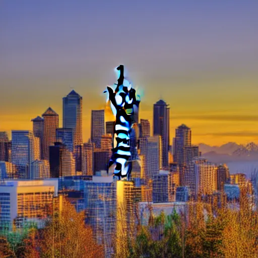 Prompt: view of seattle skyline, hd, style of wlop, golden hour,