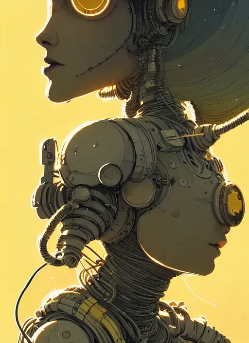 Prompt: highly detailed closeup portrait of wasteland long glowing yellow and white plasma hair tribal lady, stray electric spark wiring by atey ghailan, james gilleard, by joe fenton, by greg rutkowski, by greg tocchini, by kaethe butcher, 4 k resolution, gradient yellow, black and white color scheme!!! ( ( lightning robotic city background ) )