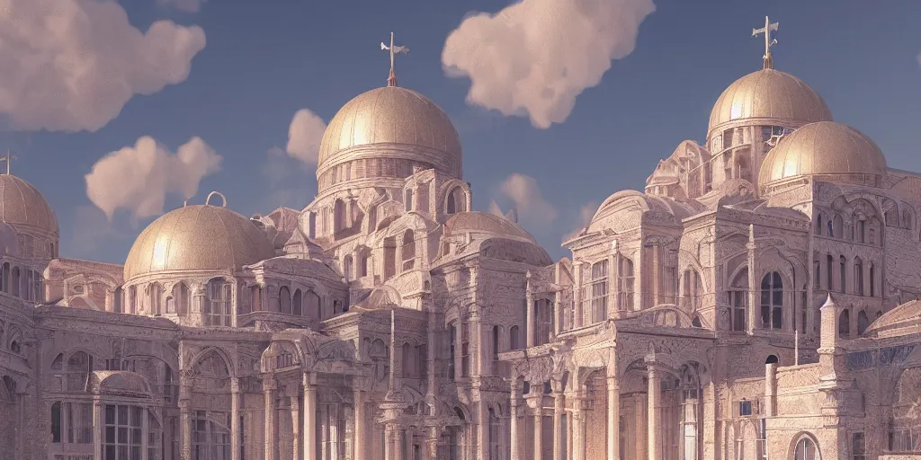 Prompt: beautiful digital illustration of a shining silver Byzantine palace in the sky, fluffy pastel clouds, architecture, concept art, deviantArt, artsation, artstation HQ, HD, 16k resolution, smooth, sharp detail, amazing depth, octane, finalRender, Unreal Engine