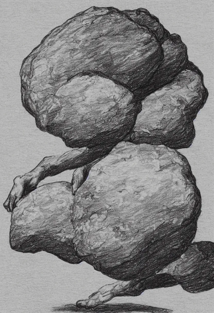 Prompt: drawing of sisyphus pushing a rock up a hill, black silhouette