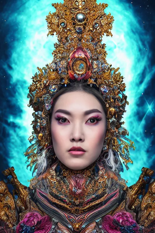 Image similar to a beautiful empress portrait, with a brilliant, impossible striking big cosmic galaxy headpiece, clothes entirely made out of cosmos chaos energy, symmetrical, dramatic studio lighting, rococo, baroque, jewels, asian, hyperrealism, closeup, D&D, fantasy, intricate, elegant, highly detailed, digital painting, artstation, octane render, 8k, concept art, matte, sharp focus, illustration, art by Artgerm and Greg Rutkowski and Alphonse Mucha