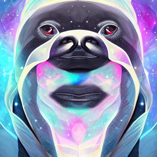 Image similar to geometric sloth with galaxy eyes in space, nebula in the background, intricate, elegant, highly detailed, digital painting, artstation, concept art, smooth, sharp focus, illustration, art by artgerm