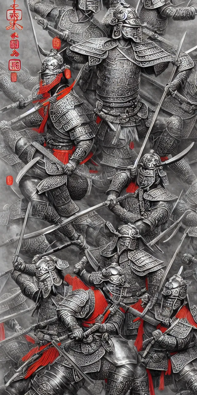 Image similar to detailed photorealistic ancient han chinese warriors soldiers army ⚔ 🪖 ⛩ with traditional chinese engravings and ornamentation on armour and weapons, and shining metallic 3 d surfaces, mandarin calligraphy, traditional chinese war shields and armour, wide angle, 3 d