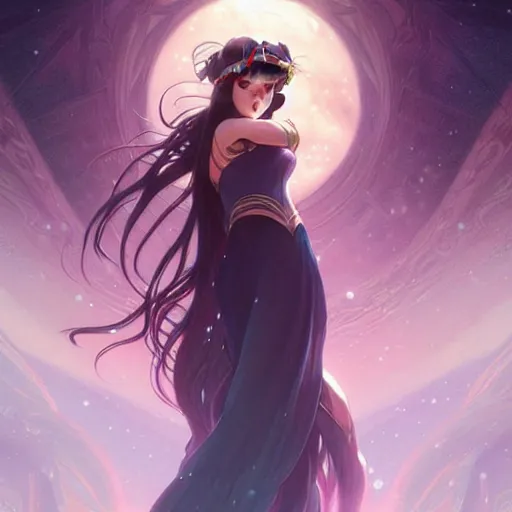Prompt: a beautiful girl with long dark hair and bangs, sailor moon aesthetic, fantasy, intricate, elegant, highly detailed, digital painting, artstation, concept art, matte, sharp focus, illustration, art by Artgerm and Greg Rutkowski and Alphonse Mucha