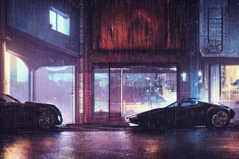 Image similar to cyberpunk, an estate agent listing photo, external view of a detached city house in the UK, it's night time, raining, sports car, by Paul Lehr, highly detailed, photorealistic, unreal engine, 8k, anamorphic, cinestill cinematrography