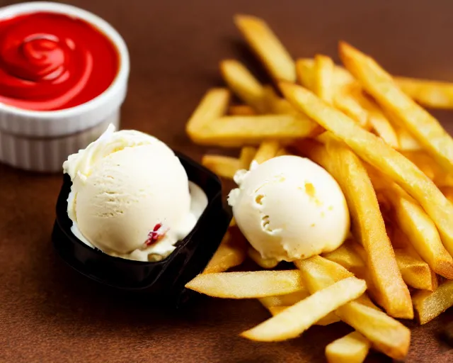 Image similar to dslr food photograph of vanilla ice cream with ketchup on, a leaf of basil on the ice cream, french fries on the side, bokeh, 8 5 mm f 1. 4