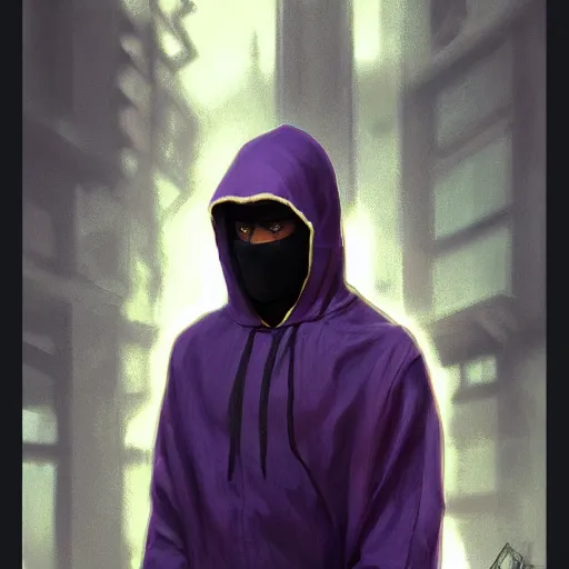 Image similar to ultra realistic illustration, man in a black hood, in a striped purple balaclava, mysterious, highly detailed, digital painting, artstation, concept art, smooth, sharp focus, illustration, art by artgerm and greg rutkowski and alphonse mucha