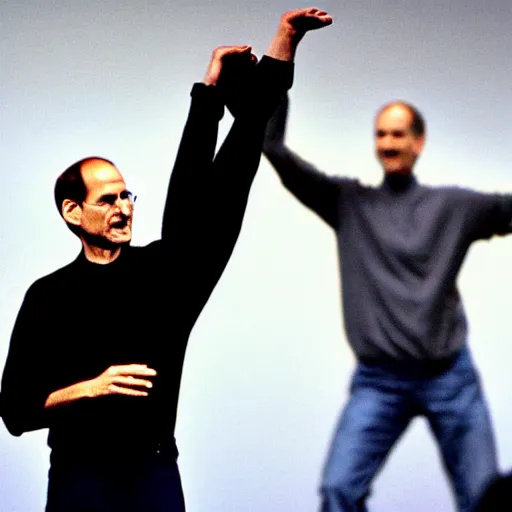 Image similar to steve jobs doing a cartwheel at a keynote