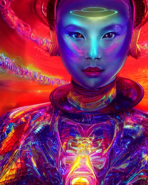 Image similar to a powerful energy psychedelic matrix asian woman, by alexander fedosav, hyper detailed digital matte painting, concept art, hyperrealism, 1 6 k resolution, cinema 4 d, 8 k resolution, trending on artstation, behance hd, a masterpiece, by stephan martiniere, particles, cel - shaded, power bright neon energy, by david a. hardy