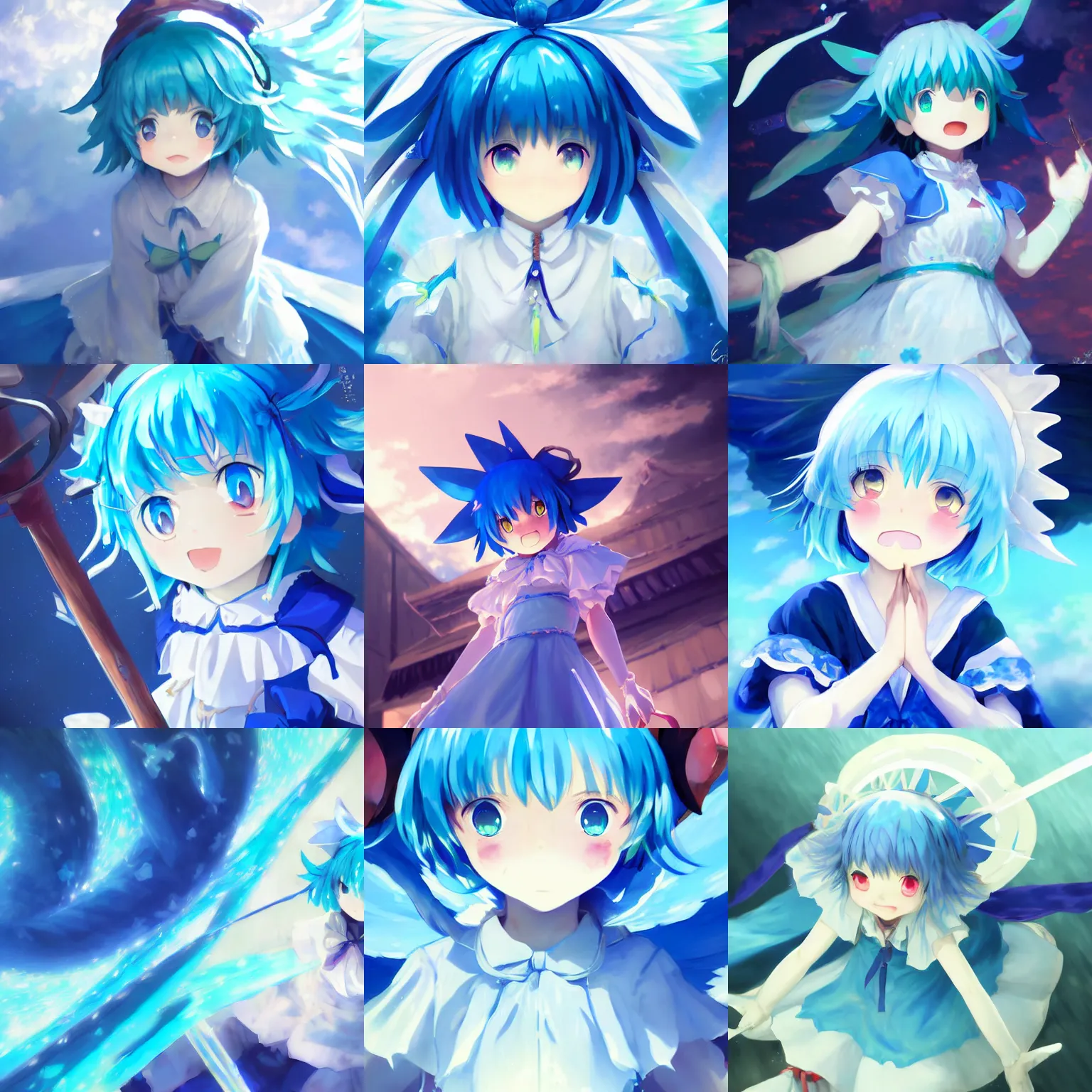 Prompt: pixiv artwork of cirno from touhou project, cirno touhou artwork by greg rutkowski makoto shinkai key art kyoto animation 4 k 8 k ultrahd trending finely detailed sparkling eyes laughing detailed mouth