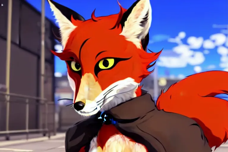 Image similar to a furry tan male fox on a persona 5 : royal ( by atlus ) video game splash screen, a furry male sandy sand - colored beige tan fur fox fursona ( has light brown hair ), persona 5 phantom thief style