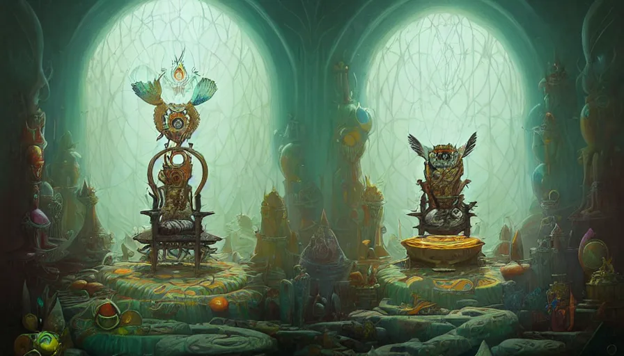 Image similar to Throne Room of the Shaman Owl King, by Peter Mohrbacher