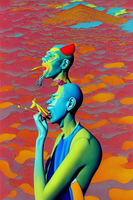 Prompt: a colorful vibrant closeup portrait of a glam high fashion model licking a tab of lsd acid on his tongue and dreaming psychedelic hallucinations, by kawase hasui, moebius, edward hopper and james gilleard, zdzislaw beksinski, steven outram colorful flat surreal design, hd, 8 k, artstation