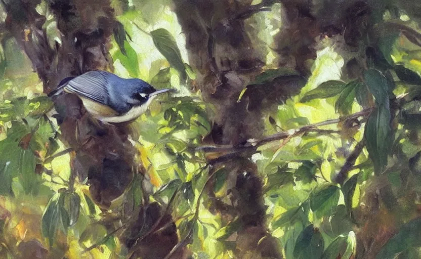 Image similar to oil painting lanscape by anders zorn, closeup nuthatch in jungle nature, fruit trees, very very very very beautiful art, dramatic light, strong shadows