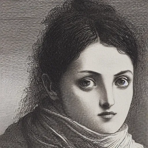 Prompt: extreme close-up, portrait of a young french woman talking at mobile phone, Gustave Dore lithography