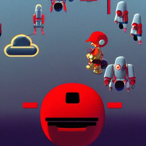 Prompt: red giant robot that towers over you from nintendo's earthbound beginnings in remastered 3 d geometry with raytraced highly reflective material, 4 k