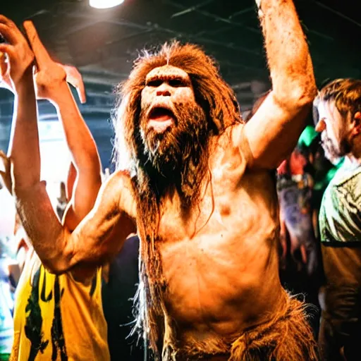 Prompt: photo of a neanderthal caveman at a rave