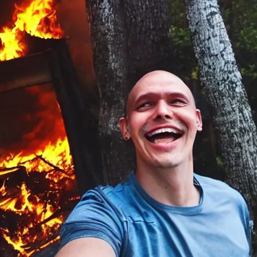 Image similar to a selfie of a guy smiling while fire consumes everything around him